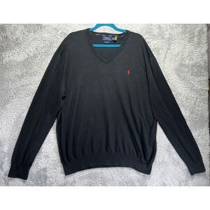 Polo Ralph Lauren Men 2XL Long Sleeve V-Neck Sweater Black Red Pony Lightweight